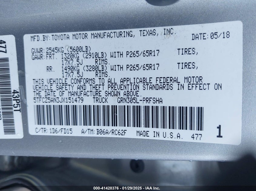 2018 TOYOTA TACOMA VIN: 5TFCZ5AN3JX151479