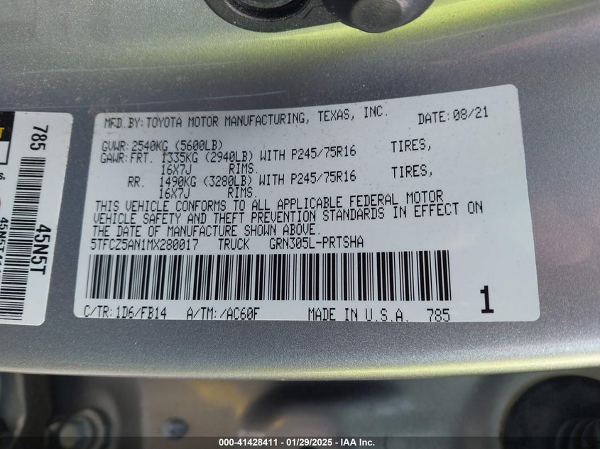 2021 TOYOTA TACOMA VIN: 5TFCZ5AN1MX280017