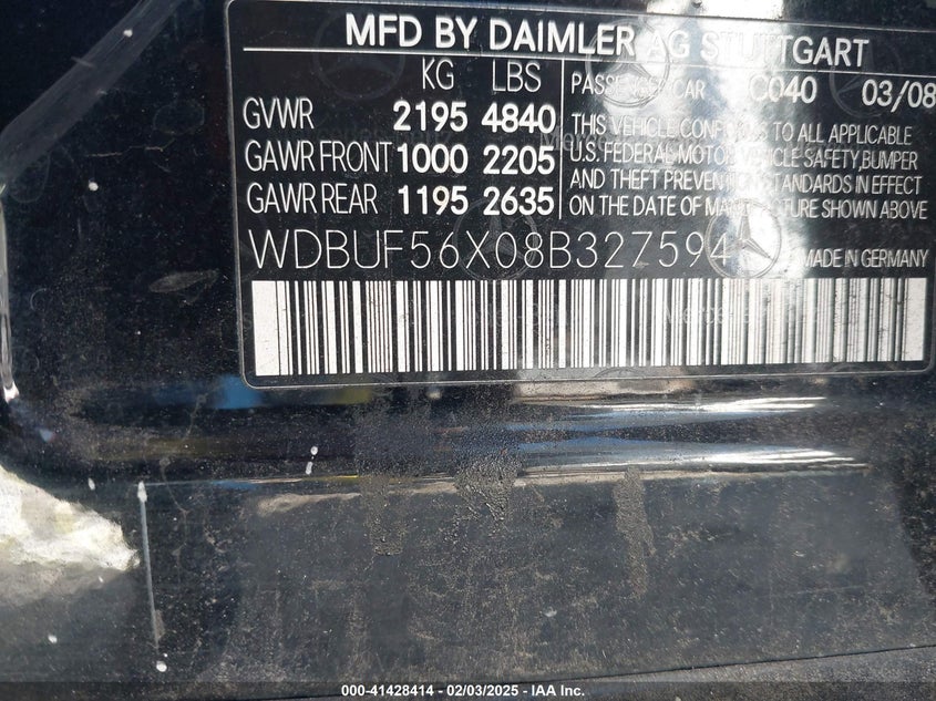 2008 Mercedes-Benz E 350 VIN: WDBUF56X08B327594 Lot: 41428414