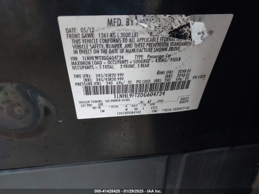 2013 Lincoln Mks Ecoboost VIN: 1LNHL9FT2DG604724 Lot: 41428420