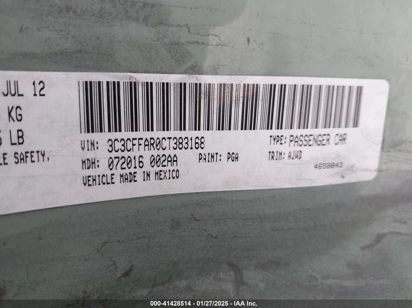 2012 FIAT 500 VIN: 3C3CFFAR0CT383168