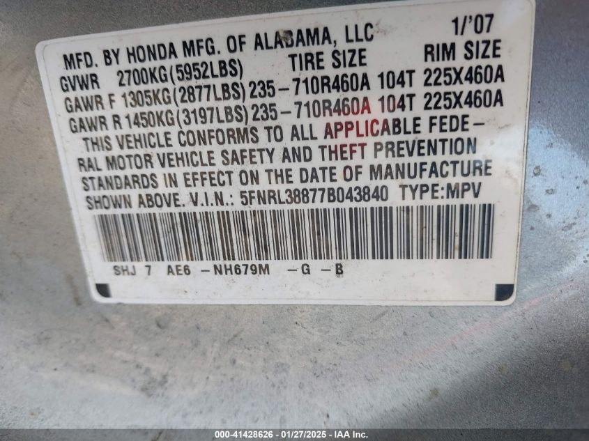 2007 Honda Odyssey Touring VIN: 5FNRL38877B443840 Lot: 41428626