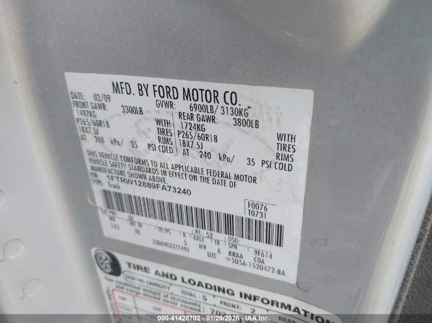 2009 Ford F-150 Xl/Xlt VIN: 1FTRW12889FA73240 Lot: 41428702