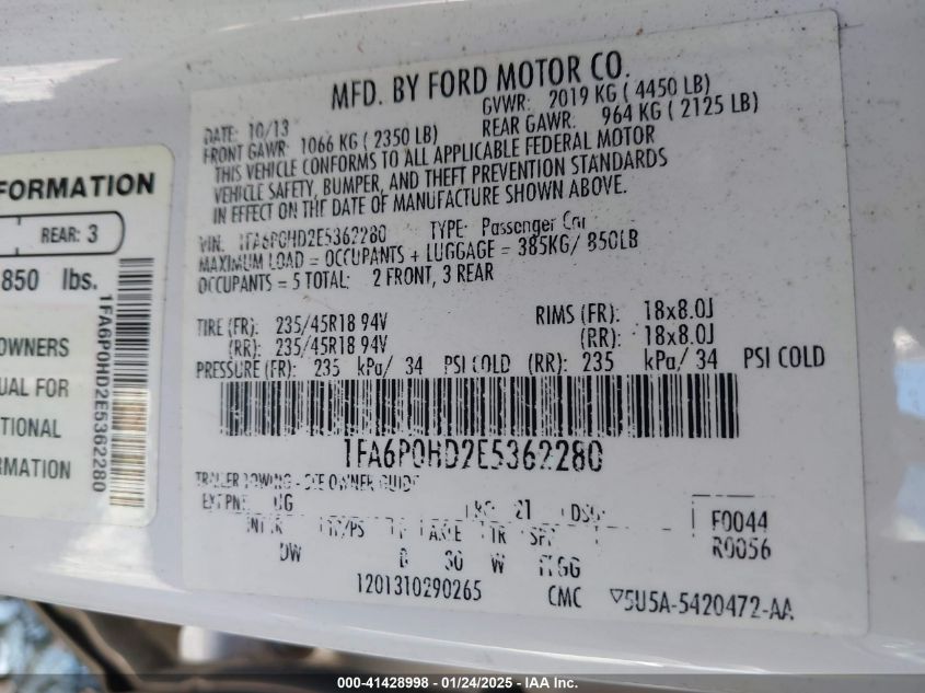 VIN 1FA6P0HD2E5362280 2014 Ford Fusion, SE no.9