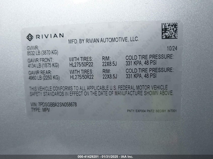 2025 RIVIAN R1S VIN: 7PDSGBBA2SN058678