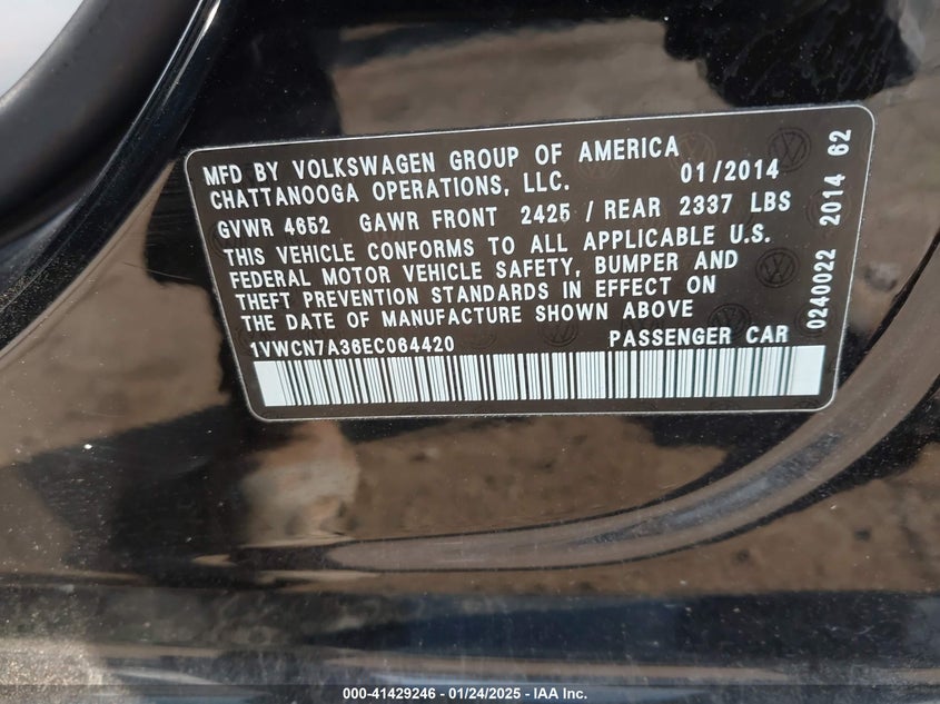 2014 VOLKSWAGEN PASSAT VIN: 1VWCN7A36EC064420