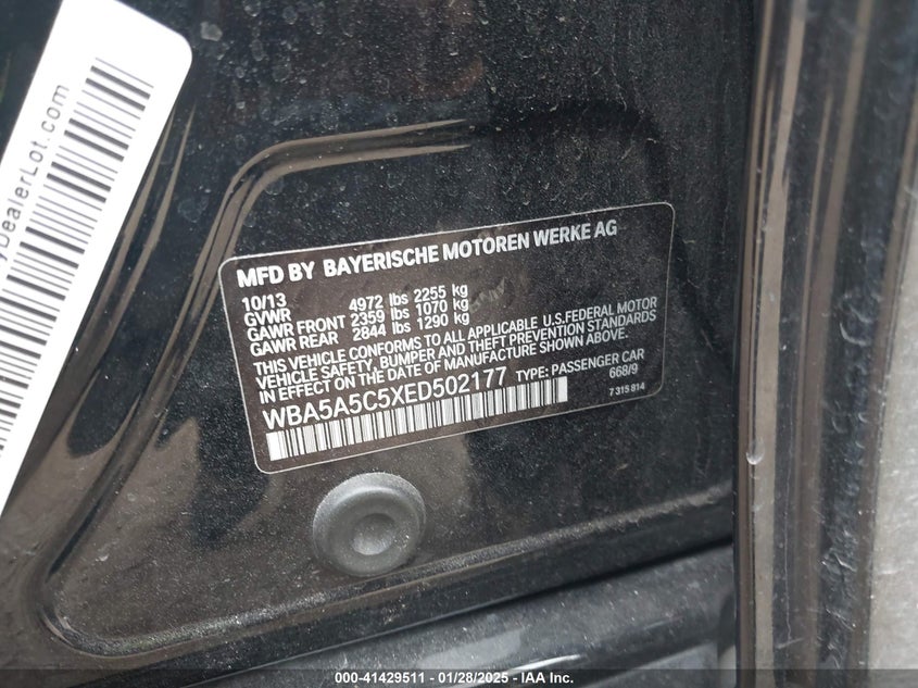 2014 BMW 528I VIN: WBA5A5C5XED502177