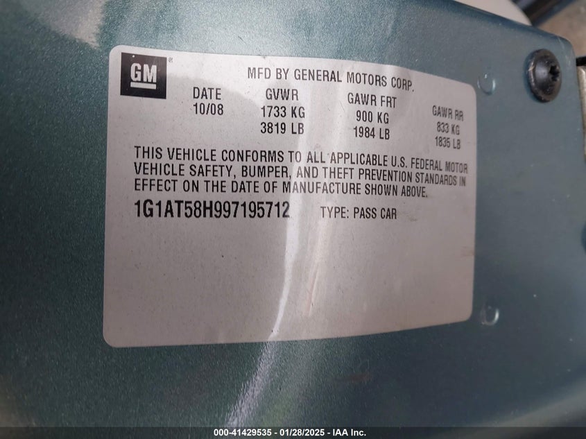 2009 CHEVROLET COBALT VIN: 1G1AT58H997195712