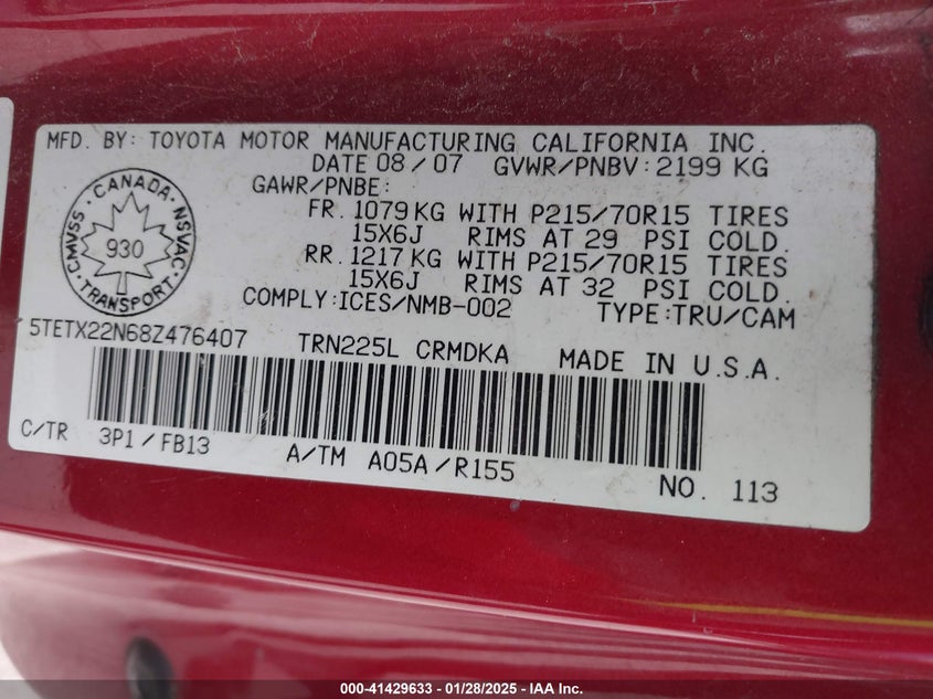 2008 TOYOTA TACOMA VIN: 5TETX22N68Z476407