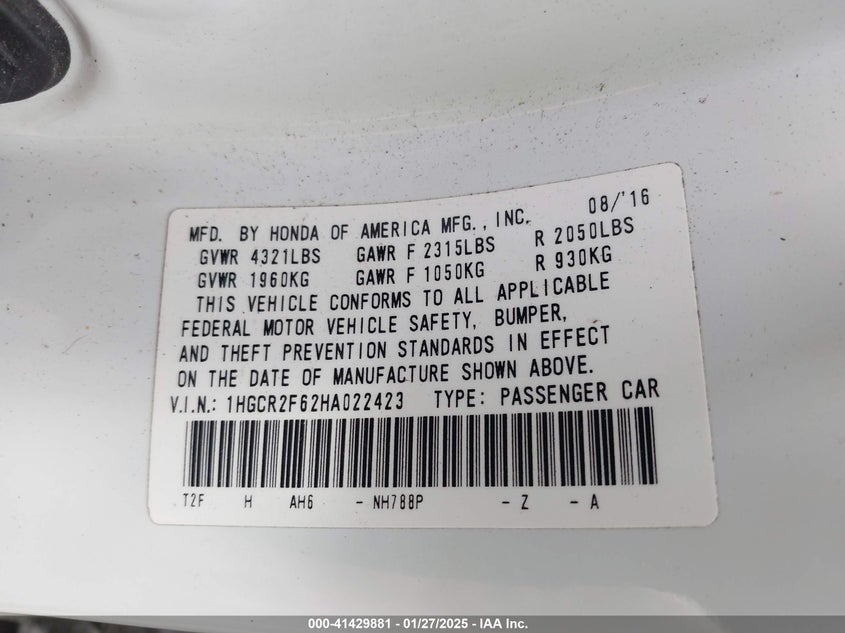 2017 HONDA ACCORD VIN: 1HGCR2F62HA022423