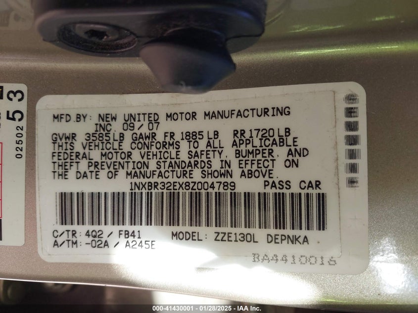 2008 TOYOTA COROLLA VIN: 1NXBR32EX8Z004789