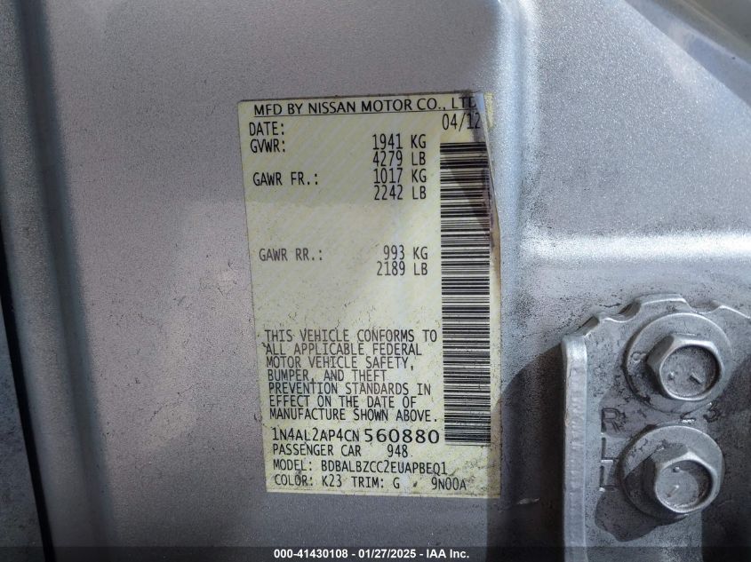 2012 Nissan Altima 2.5 S VIN: 1N4AL2AP4CN560880 Lot: 41430108