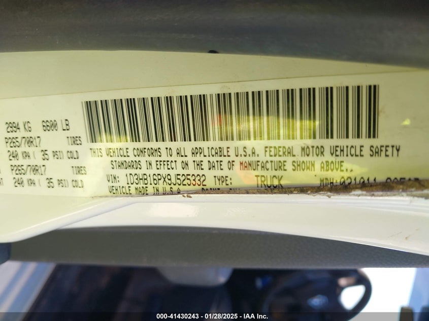 2009 Dodge Ram 1500 St VIN: 1D3HB16PX9J525332 Lot: 41430243