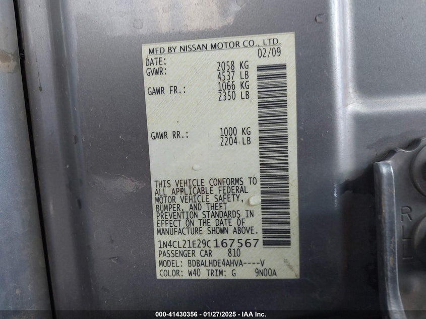 2009 NISSAN ALTIMA HYBRID VIN: 1N4CL21E29C167567
