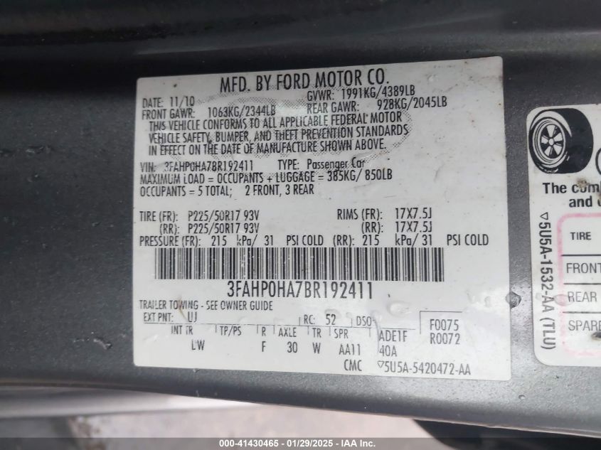 2011 Ford Fusion Se VIN: 3FAHP0HA7BR192411 Lot: 41430465