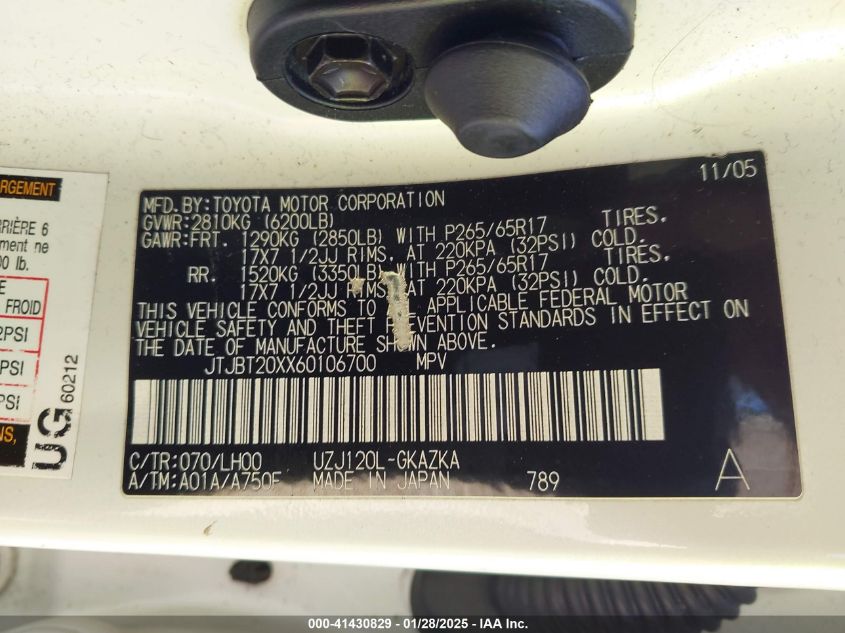 2006 Lexus Gx 470 VIN: JTJBT20XX60106700 Lot: 41430829