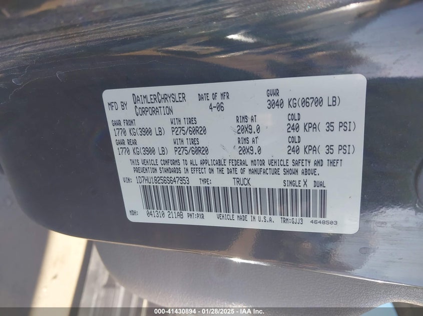 2006 DODGE RAM 1500 VIN: 1D7HU18256S647953