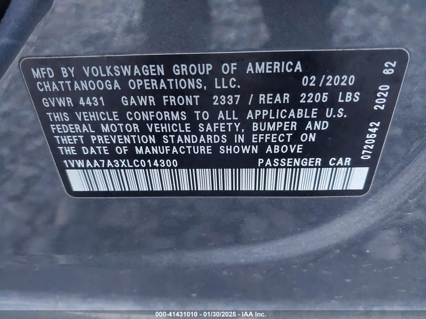 2020 VOLKSWAGEN PASSAT VIN: 1VWAA7A3XLC014300