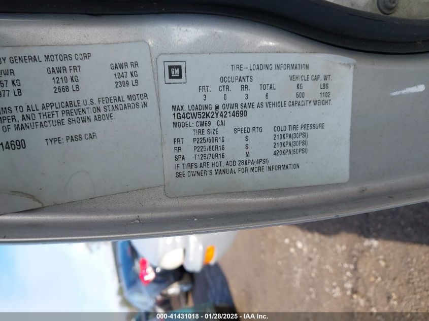 2000 Buick Park Avenue VIN: 1G4CW52K2Y4214690 Lot: 41431018