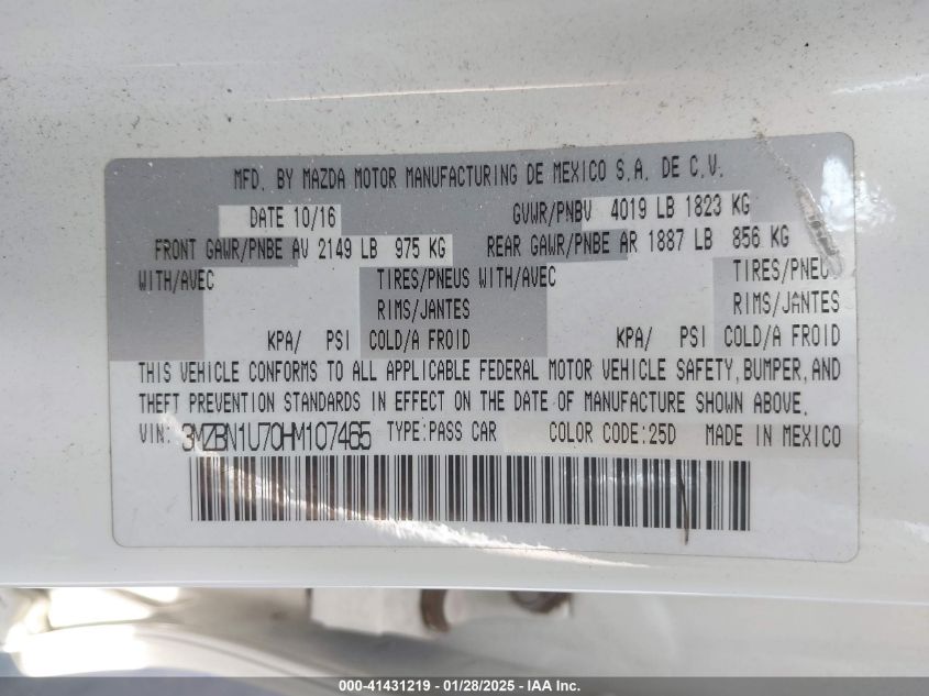 2017 Mazda 3 VIN: 3MZDN1U70HM107465 Lot: 41431219