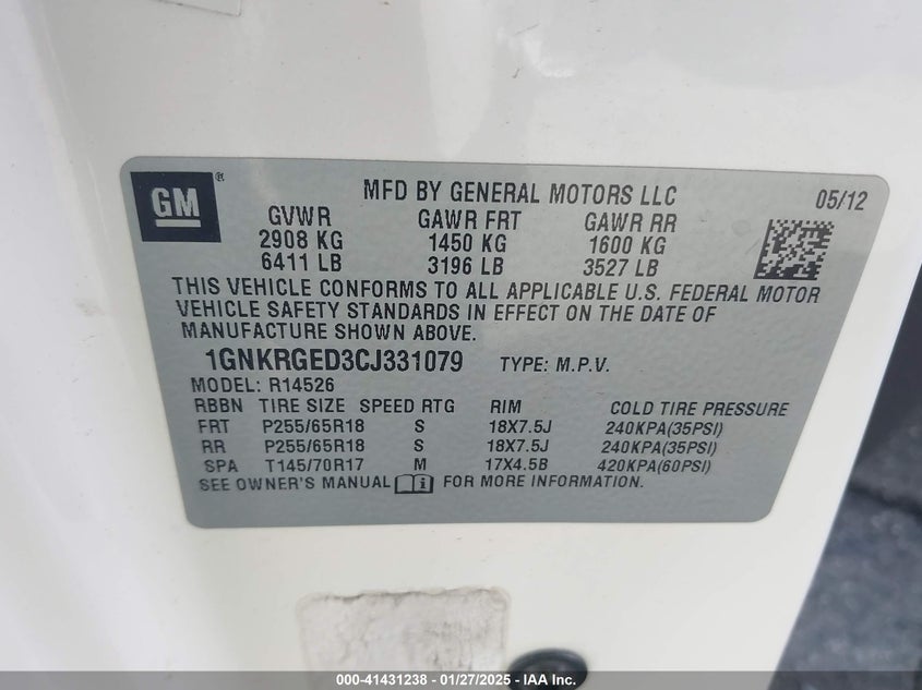 2012 CHEVROLET TRAVERSE VIN: 1GNKRGED3CJ331079
