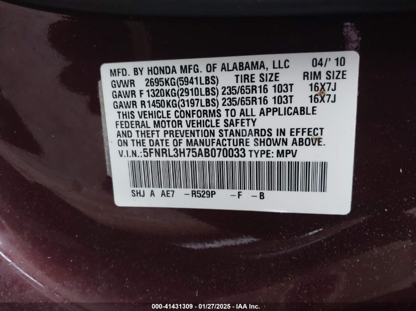 2010 Honda Odyssey Ex-L VIN: 5FNRL3H75AB080033 Lot: 41431309