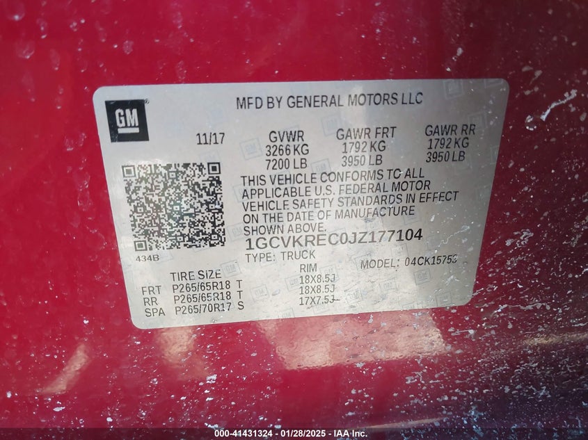 2018 CHEVROLET SILVERADO 1500 VIN: 1GCVKREC0JZ177104