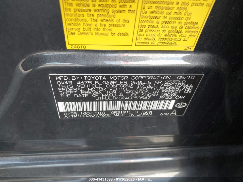 2010 LEXUS GS VIN: JTHBE1KSXA0050547