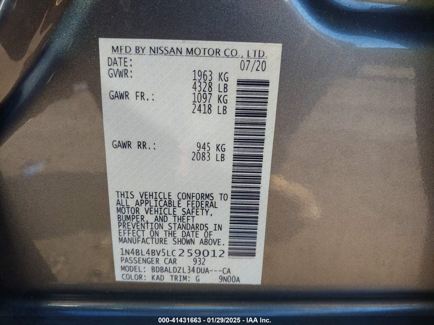 2020 NISSAN ALTIMA VIN: 1N4BL4BV5LC259012