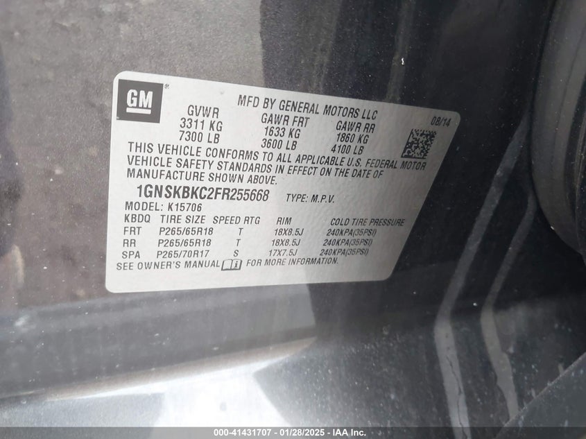 2015 CHEVROLET TAHOE LT - 1GNSKBKC2FR255668