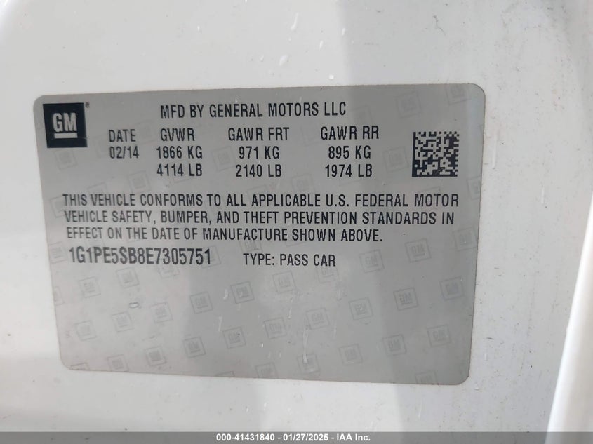 2014 CHEVROLET CRUZE VIN: 1G1PE5SB8E7305751