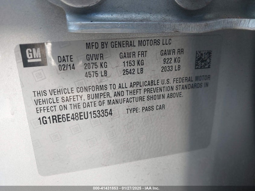 2014 CHEVROLET VOLT VIN: 1G1RE6E48EU153354
