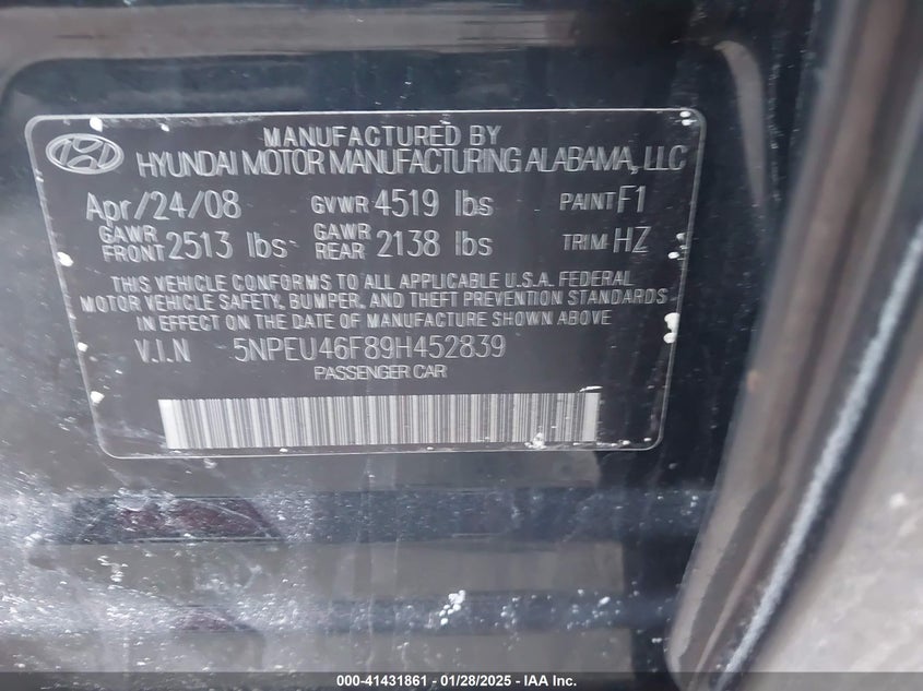 2009 HYUNDAI SONATA VIN: 5NPEU46F89H452839