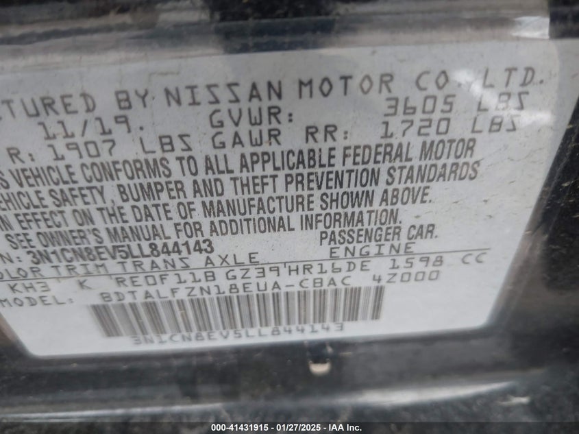 2020 Nissan Versa Sv Xtronic Cvt VIN: 3N1CN8EV5LL844143 Lot: 41431915