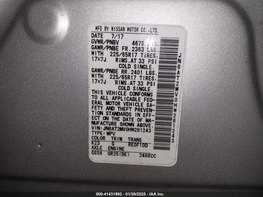 2017 NISSAN ROGUE SV - JN8AT2MV0HW281243