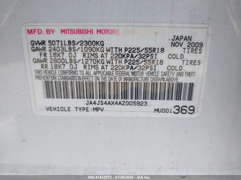 2010 Mitsubishi Outlander Xls VIN: JA4JS4AX4AZ005923 Lot: 41432072