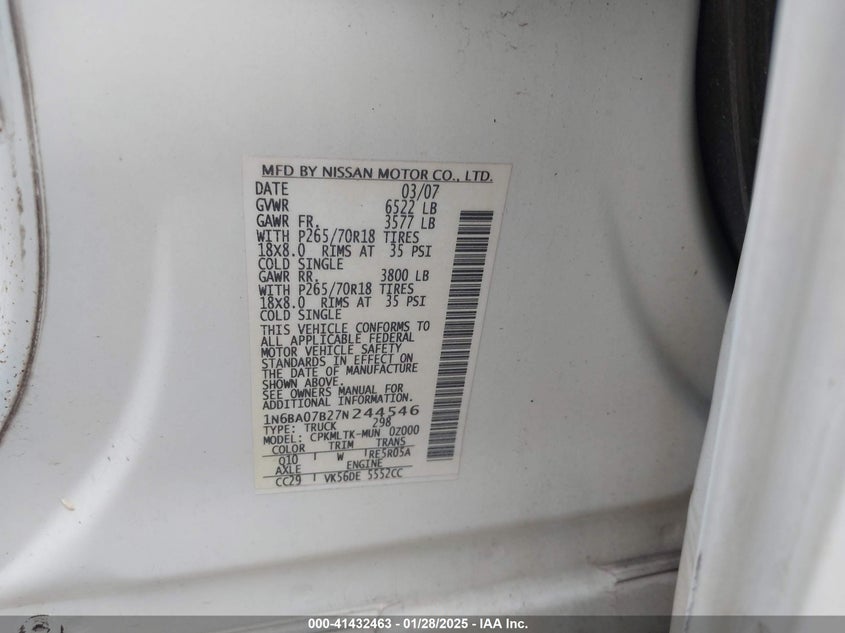2007 NISSAN TITAN VIN: 1N6BA07B27N244546