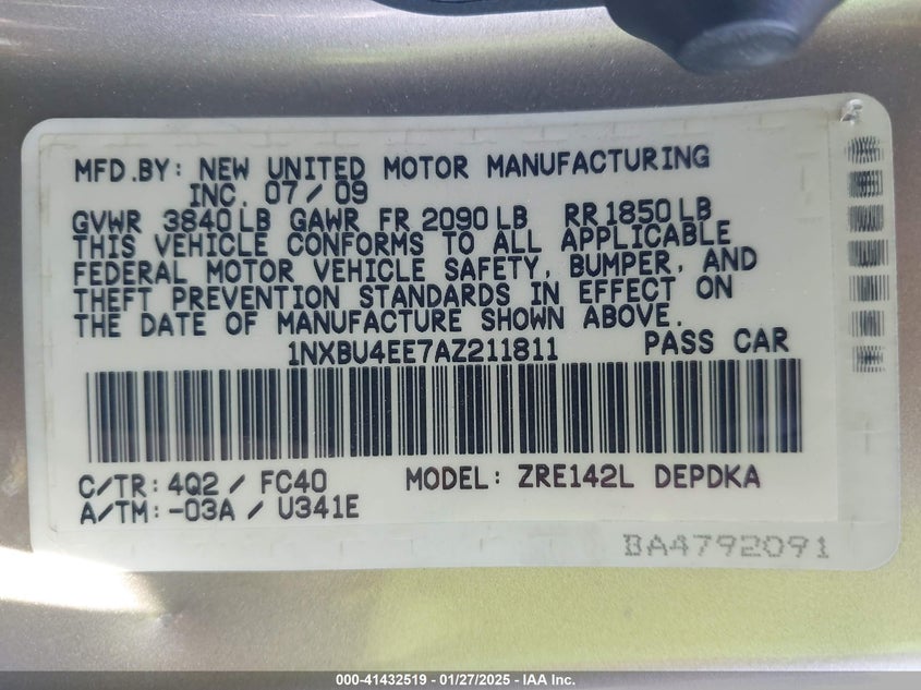 2010 TOYOTA COROLLA VIN: 1NXBU4EE7AZ211811