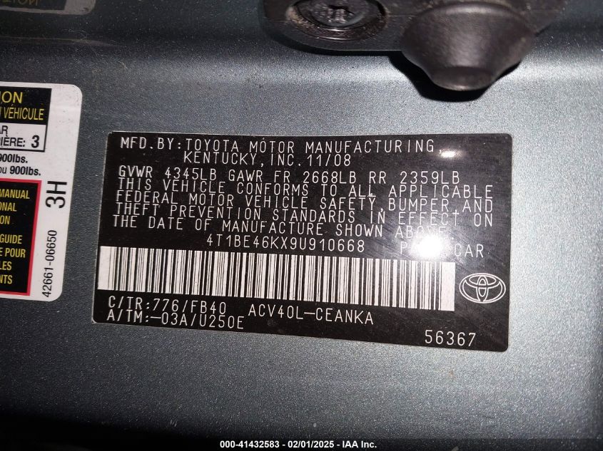 2009 Toyota Camry Se/Le/Xle VIN: 4T1BE46KX9U910669 Lot: 41432583