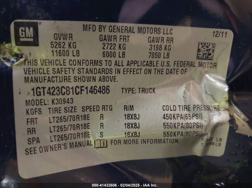 2012 GMC Sierra 3500Hd Sle VIN: 1GT423C81CF146486 Lot: 41432606