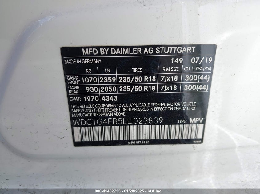 VIN WDCTG4EB5LU023839 2020 MERCEDES-BENZ GLA 250