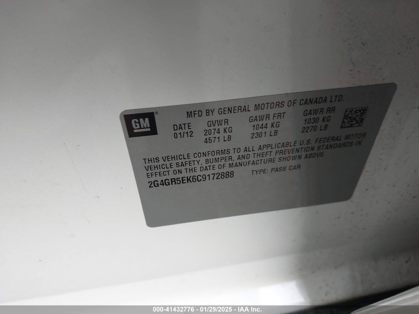 2012 BUICK REGAL VIN: 2G4GR5EK6C9172888