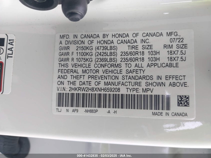 2022 HONDA CR-V VIN: 2HKRW2H8XNH659208