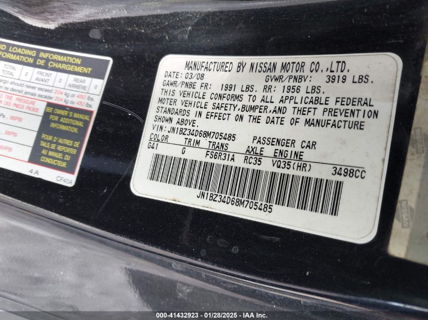 2008 Nissan 350Z VIN: JN1BZ34D68M705485 Lot: 41432923
