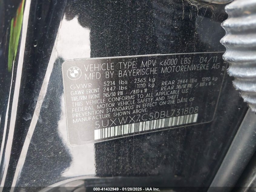 2011 BMW X3 xDrive35I VIN: 5UXWX7C50BL731808 Lot: 41432949