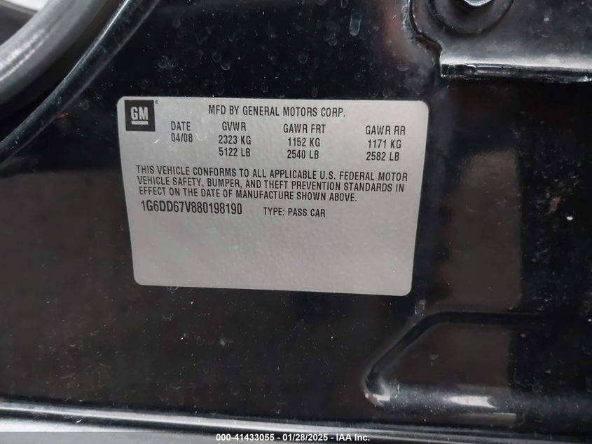 2008 CADILLAC STS VIN: 1G6DD67V880198190
