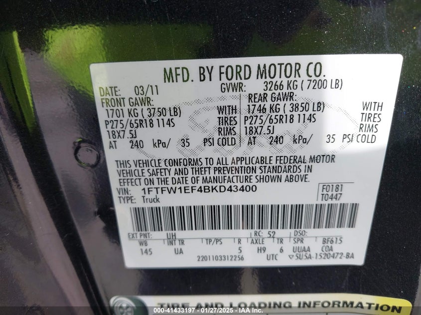 2011 FORD F-150 VIN: 1FTFW1EF4BKD43400