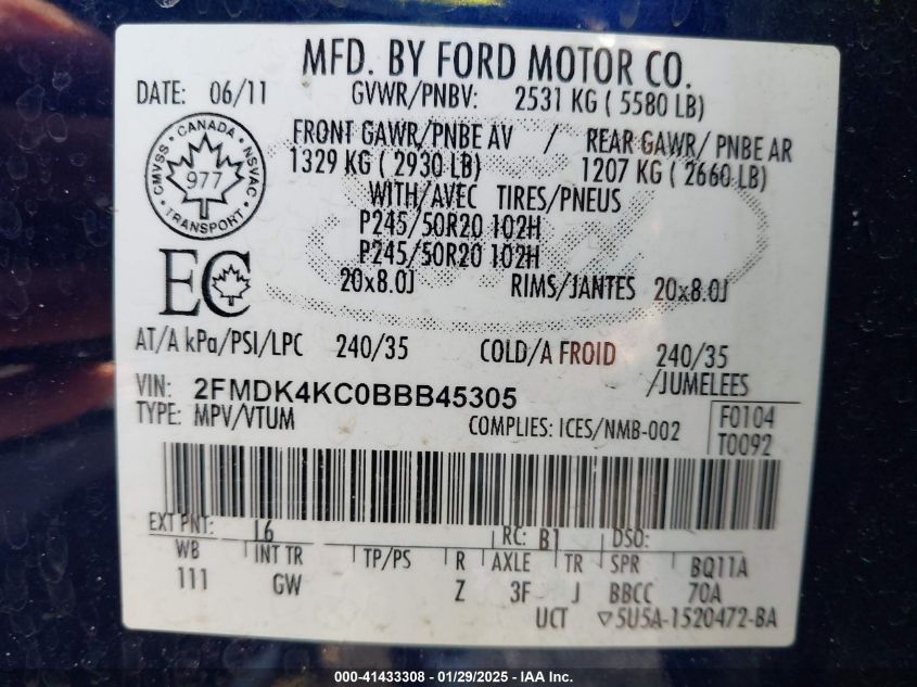 2011 Ford Edge Limited VIN: 2FMDK4KC0BBB45305 Lot: 41433308