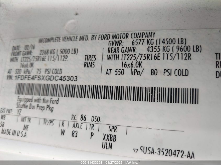 2016 Ford E-450 Cutaway VIN: 1FDFE4FSXGDC45303 Lot: 41433326