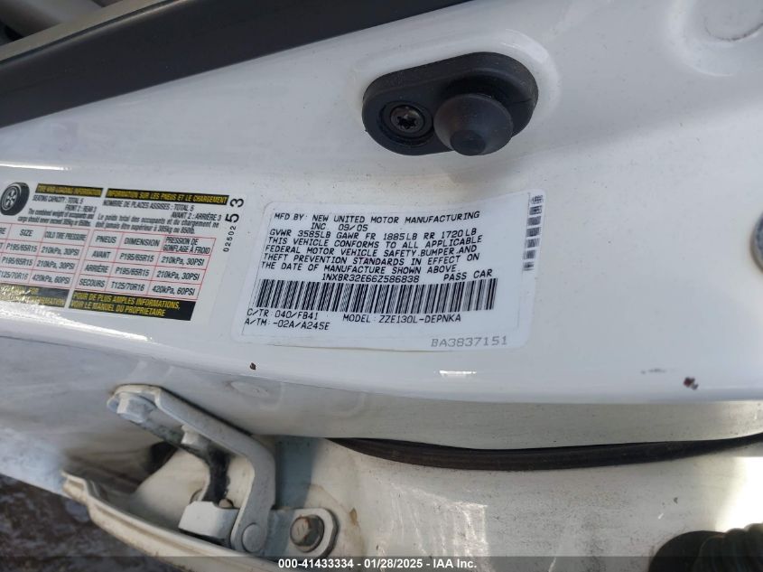 2006 Toyota Corolla Le VIN: 1NXBR32E66Z586838 Lot: 41433334